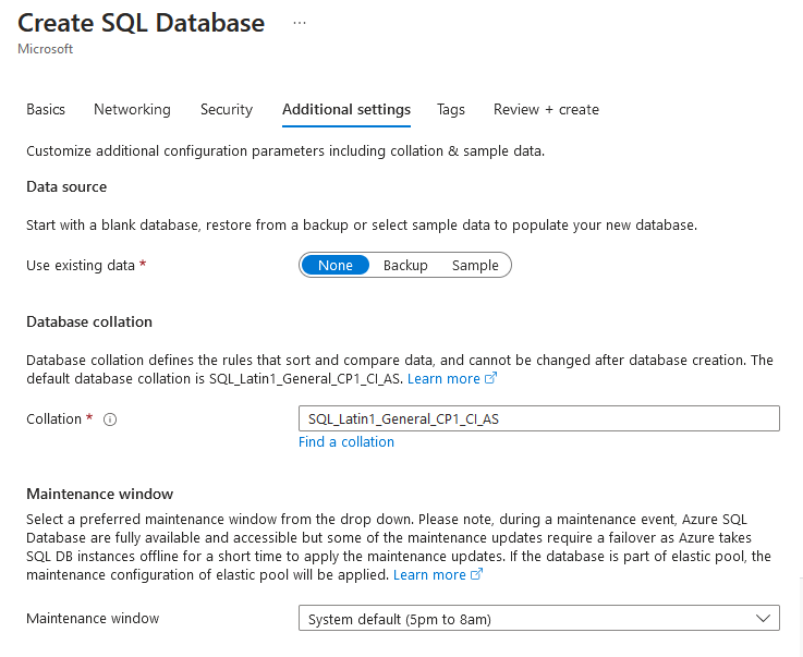 create azure additional seettings