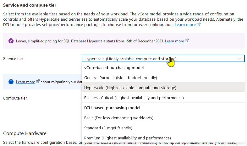 create azure configure compute and storage service tier