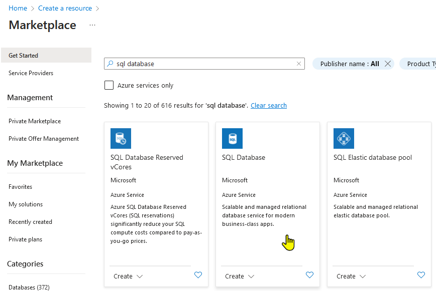 create azure database marketplace