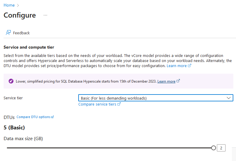 create azure service tier basic