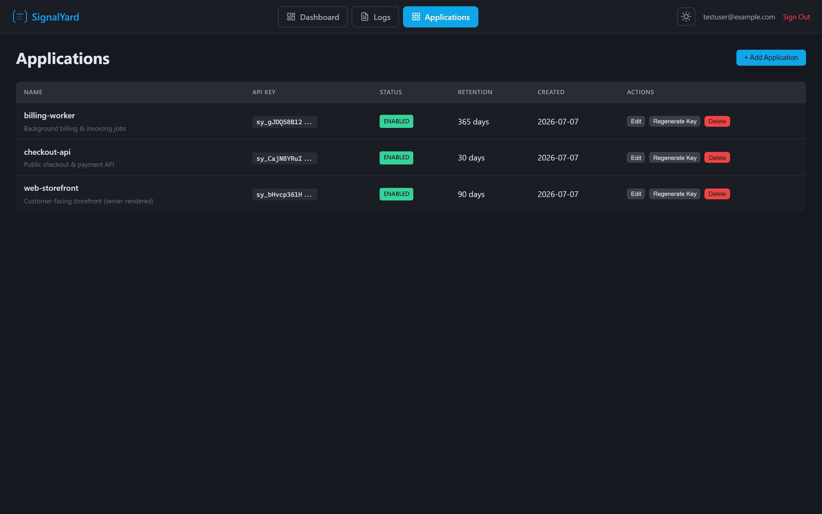 The SignalYard applications screen listing registered apps with their API keys, status, and retention settings