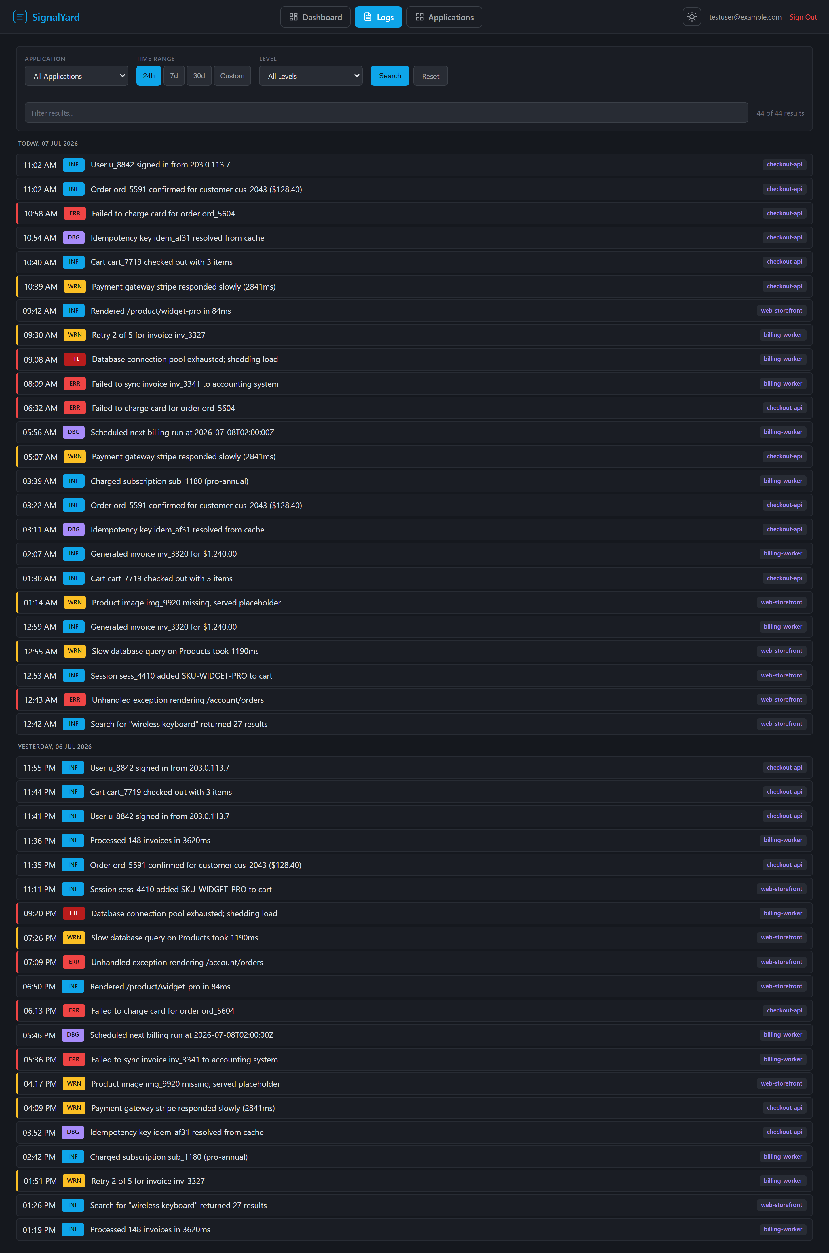 The SignalYard log viewer showing color-coded structured log entries filtered by application, level, and time range